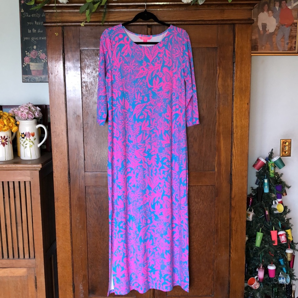 Lilly Pulitzer Morgann 3/4 Sleeve Maxi Dress Aura Pink Leaf An Impression Large